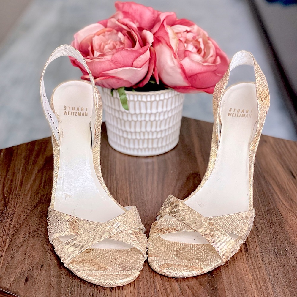 Stuart Weitzman Metallic Gold faux-snakeskin Slingbacks - size 8